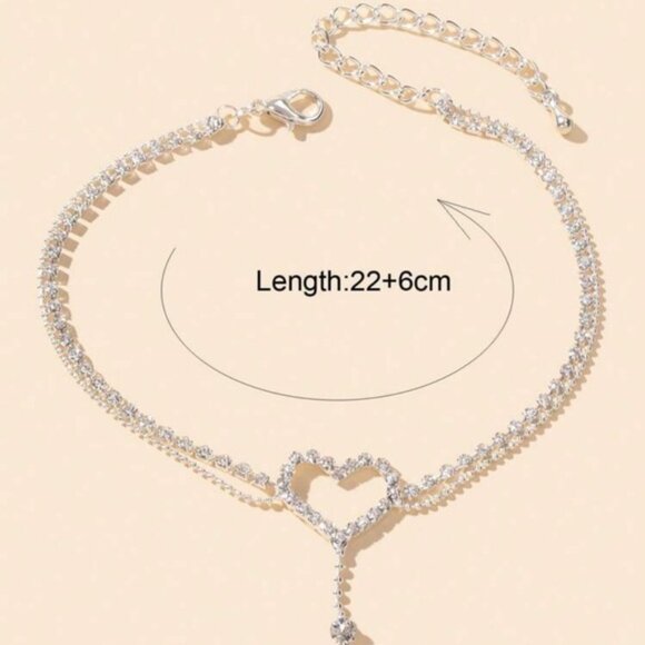 1pc Luxurious Heart Decor Double Layered Adjustable Rhinestone Anklet Women - Picture 2 of 3